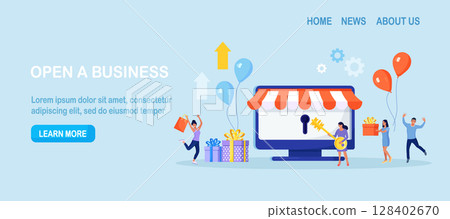 Business owner and entrepreneur start small business or retail shop. New online store, website, account. Woman opens the lock with a key. Grand opening 128402670