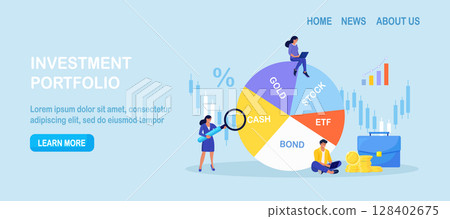Exchange traded fund, bond, stock, gold. Businessman reviewing diversified investment portfolio. Wealth management, asset allocation. Money question, financial planning. Stock market trading strategy 128402675