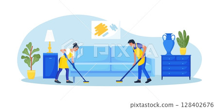 Cleaning service or company. People doing housework. Janitors in uniform washing floor at home. Professional hygiene service for domestic households. Cleaners tiding up apartment room making cleaning Cleaning service or company. People doing housework. Janitors in uniform washing floor at home. Professional hygiene service for domestic households. Cleaners tiding up apartment room making cleaning 128402676