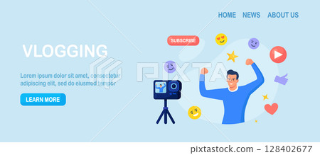Social media post, blogging. Influencer, blogger make video blog content. Character in front of camera recording video to share it in internet. Live streaming, broadcast. Selfie creative idea Social media post, blogging. Influencer, blogger make video blog content. Character in front of camera recording video to share it in internet. Live streaming, broadcast. Selfie creative idea 128402677
