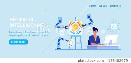 Woman using AI-generated art technology on computer to create stunning works of art. Artificial intelligence generated artwork. Robotic arm create paintings controlled by computer algorithm 128402679