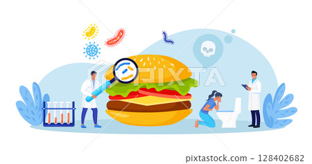 Woman with symptoms of food poisoning is holding a sick stomach. Nausea, intoxication. Inspector doing quality control of fast food. Food poisoning poor quality hamburger. Pathogenic microorganisms 128402682