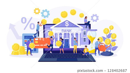 Mobile banking and online payment. People using laptop and smartphone for accounting and investment, financial audit. Bank building exterior on computer screen. Businessman watering money plants 128402687