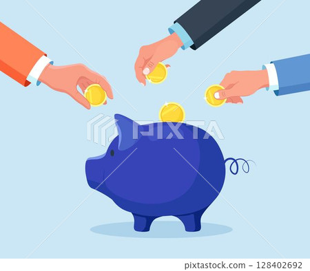 People Putting on Gold Dollar Coins in Piggy Bank. Savings or Accumulation of Money. Cash Back. Investment People Putting on Gold Dollar Coins in Piggy Bank. Savings or Accumulation of Money. Cash Back. Investment 128402692