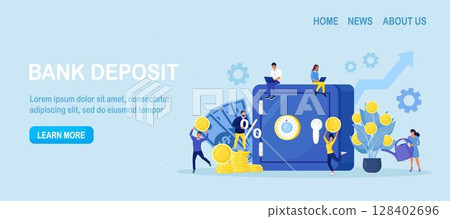Safe with dollar banknotes, coins in deposit box. Business people investing money on bank account. Cash protection, savings in moneybox. Financial saving insurance concept 128402696
