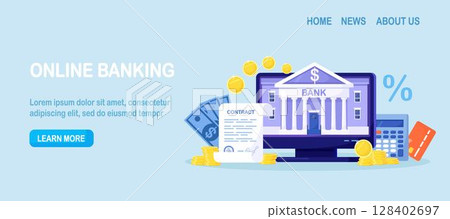 Mobile banking and internet payment. Online bank agreement. Loan contract. Financial building on computer screen. Banking Operation. Financial transactions, payments, money transfers and bank account Mobile banking and internet payment. Online bank agreement. Loan contract. Financial building on computer screen. Banking Operation. Financial transactions, payments, money transfers and bank account 128402697