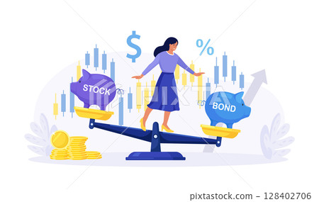 Woman keep calm balancing on scales, choosing between stocks and bonds. Diversify portfolio investments. Passive invest wealth accumulate. Balanced investment strategy. Finance asset allocation 128402706