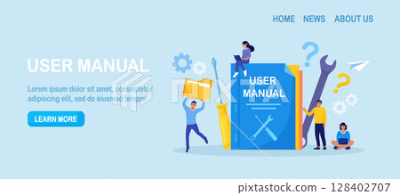Guide instructions or handbooks. People reading user manual, guidebook or guidance. User manual book. Characters working together with useful information. FAQ Guide instructions or handbooks. People reading user manual, guidebook or guidance. User manual book. Characters working together with useful information. FAQ 128402707