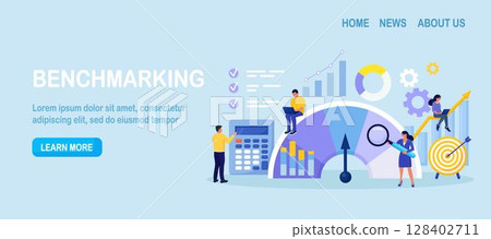 Benchmarking. Compare quality with competitor companies. Performance, quality, cost comparison. Development strategy. People standing near indicator improves company productivity and increases profits 128402711
