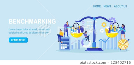 Benchmarking as business compare tool for improvement. Comparison of quality and cost, performance to competitor companies. Development strategy, plan and method 128402716