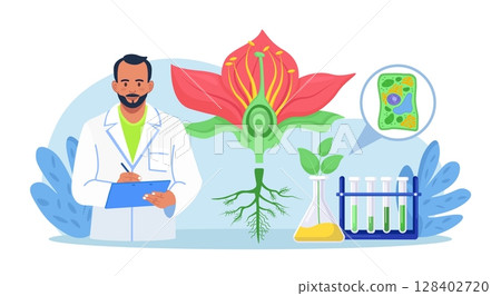 Biology, botany subject. Biologist exploring nature. Scientist make laboratory analysis of life system of plants. Molecular engineering, microbiology. Chemical researcher working with lab equipment 128402720