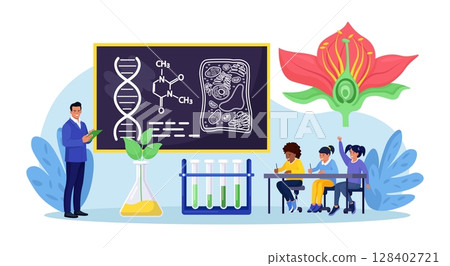 Biology school subject. Students exploring nature and living organism structure. Teacher standing at blackboard and explaining biological process to children. Academic education 128402721
