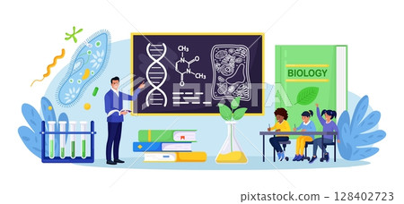 Biology school subject. Students exploring nature and living organism structure. Teacher standing at blackboard and explaining biological process to children. Academic education Biology school subject. Students exploring nature and living organism structure. Teacher standing at blackboard and explaining biological process to children. Academic education 128402723