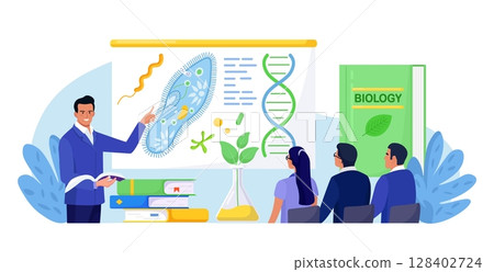 Biology school subject. Students exploring nature and living organism structure. Teacher standing at whiteboard and explaining biological process to children. Academic education Biology school subject. Students exploring nature and living organism structure. Teacher standing at whiteboard and explaining biological process to children. Academic education 128402724