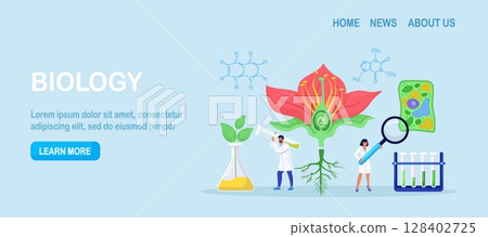 Scientist exploring nature. Botany, microbiology, biology. Science research lab. Scientists make laboratory analysis of life system, living organisms, plant cell. Molecular engineering, bioengineering 128402725