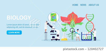 Biology, botany subject. Biologist exploring nature. Scientist make laboratory analysis of life system of plants. Molecular engineering, microbiology. Chemical researchers working with lab equipment 128402727
