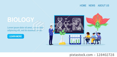 Biology school subject. Students exploring nature and living organism structure. Teacher standing at blackboard and explaining biological process to children. Academic education 128402728