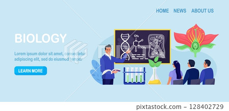 Biology college subject. Students exploring nature and living organism structure. Teacher standing at blackboard and explaining biological process to people. Academic education 128402729