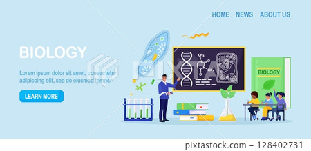 Biology school subject. Students exploring nature and living organism structure. Teacher standing at blackboard and explaining biological process to children. Academic education Biology school subject. Students exploring nature and living organism structure. Teacher standing at blackboard and explaining biological process to children. Academic education 128402731