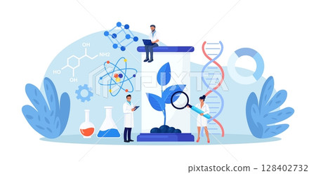Biotechnology. Engineers growing green sprouts, plants in soil with cultivation equipment in science laboratory. Science experiment, molecular analysis, biological research for medical herb purpose 128402732