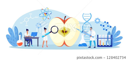 Biology scientists doing research on fruits, vegetables. Genetically modified plants, foods, gmo farming. Gene technology. Bioengineering. People in uniform perform experiment with fruit in laboratory 128402734