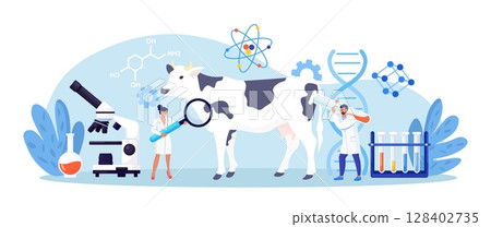 Biology scientists doing research cow dna. Genetically modified animals. Gene technology. Bioengineering. People doing experiments in lab with animal. Veterinary worker making test and analysis Biology scientists doing research cow dna. Genetically modified animals. Gene technology. Bioengineering. People doing experiments in lab with animal. Veterinary worker making test and analysis 128402735