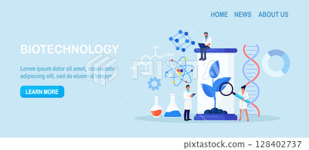 Biotechnology. Engineers growing green sprouts, plants in soil with cultivation equipment in science laboratory. Science experiment, molecular analysis, biological research for medical herb purpose Biotechnology. Engineers growing green sprouts, plants in soil with cultivation equipment in science laboratory. Science experiment, molecular analysis, biological research for medical herb purpose 128402737