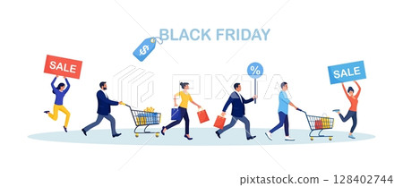 Black friday sale. People with shopping bags and carts running to store. Online shopping and e-commerce. Customers and shoppers with trolley rush to shop. Discount in store Black friday sale. People with shopping bags and carts running to store. Online shopping and e-commerce. Customers and shoppers with trolley rush to shop. Discount in store 128402744