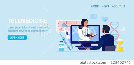 Telemedicine, Modern Health Care Services. Medical Conversation by Internet with Doctor. Patient Meeting with Physician Online, Having Consultation and Receiving Digital Prescription. Online Diagnosis Telemedicine, Modern Health Care Services. Medical Conversation by Internet with Doctor. Patient Meeting with Physician Online, Having Consultation and Receiving Digital Prescription. Online Diagnosis 128402745