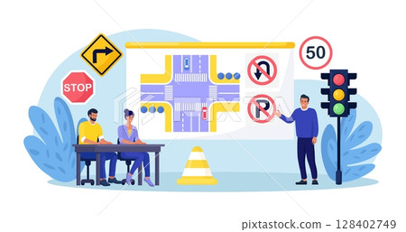 Auto school lesson. People studying traffic rules, road signs in driving school and passing exams. Students learning to drive safety. Instructor teaches beginners drivers for receiving driving license 128402749