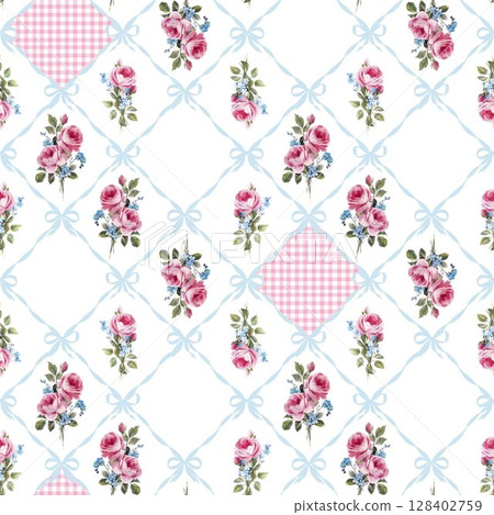 Shabby chic rose pattern with ribbons and gingham seamless vintage floral design with pink roses, blue bows, and pastel diamonds. Ideal for textiles, wrapping, and romantic interiors. 128402759