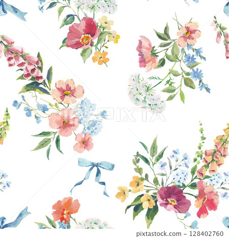 Watercolor and Gouache floral pattern with poppy, foxglove, chicory and buttercups seamless vintage bouquet with blue ribbons and colorful wildflowers on white background. Hand-painted romantic design Watercolor and Gouache floral pattern with poppy, foxglove, chicory and buttercups seamless vintage bouquet with blue ribbons and colorful wildflowers on white background. Hand-painted romantic design 128402760