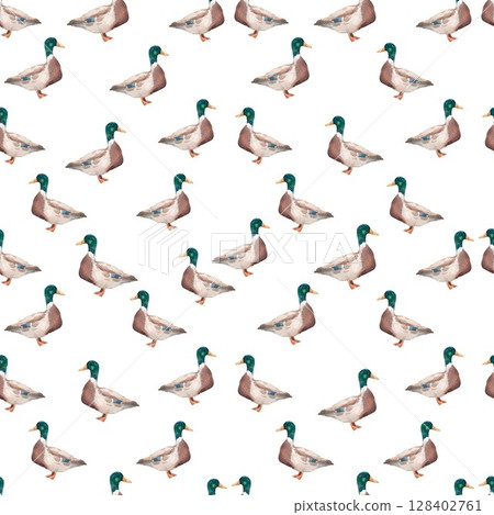 Seamless pattern with watercolor ducks hand drawn mallard birds on white background for kids wallpaper and fabric Seamless pattern with watercolor ducks hand drawn mallard birds on white background for kids wallpaper and fabric 128402761