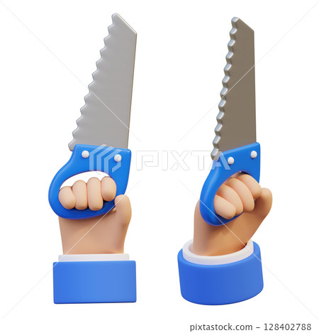 3D graphic of a hand holding a Handsaw 128402788