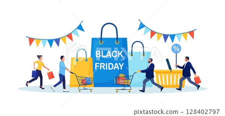 Black Friday Sale Event. People Buy on Big Discount Sales. Customers Running with Shopping Bags, Trolley, Cart with Gift Boxes and Big Packages on Background. E-commerce and Online Shopping Black Friday Sale Event. People Buy on Big Discount Sales. Customers Running with Shopping Bags, Trolley, Cart with Gift Boxes and Big Packages on Background. E-commerce and Online Shopping 128402797
