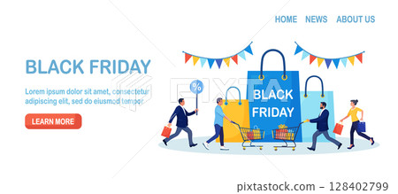 Black Friday Sale Event. People Buy on Big Discount Sales. Customers Running with Shopping Bags, Trolley, Cart with Gift Boxes and Big Packages on Background. E-commerce and Online Shopping 128402799
