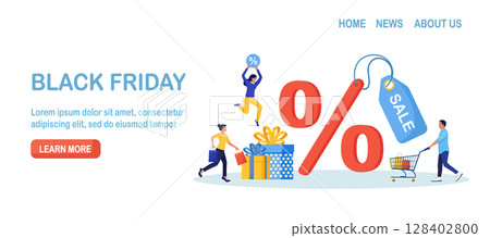 Black Friday Sale Event. People Buy on Big Discount Sales. Customers Running with Shopping Bags, Trolley with Gift Boxes, Percent Discount Symbol on Background. E-commerce and Online Shopping 128402800