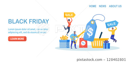 Black Friday Sale Event. People Buy on Discount Sales. Happy Customers with Gift Boxes, Shopping Bag. Ecommerce, Online Shopping. Man Cutting Price Tag with Scissors. Coupon, Voucher, store promotion 128402801