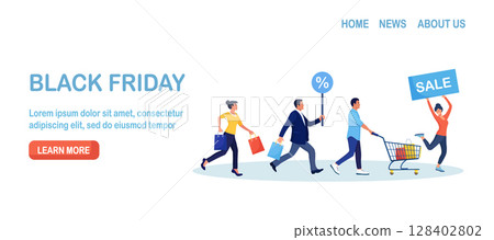 Black friday sale. People with shopping bags and carts running to store. Online shopping and e-commerce. Customers and shoppers with trolley rush to shop. Discount in store 128402802