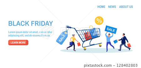 Black Friday Sale Event. People Buy on Big Discount Sales. Customers Running with Shopping Bags. Trolley, Cart with Gift Boxes, Packages, Tag on Background. E-commerce and Online Shopping 128402803