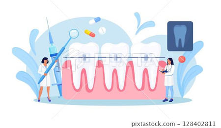 Orthodontist installs dental braces for straightening. Tiny Dentist doctor research X-ray picture of tooth. Dentistry, braces installation, teeth alignment. Prosthetics, Orthodontic treatment 128402811