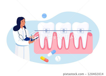 Doctors installing braces in orthodontic clinic. Dental doctor in uniform treating human teeth with braces. Prosthetics and dental care. Orthodontic treatment and cosmetic odontology 128402814