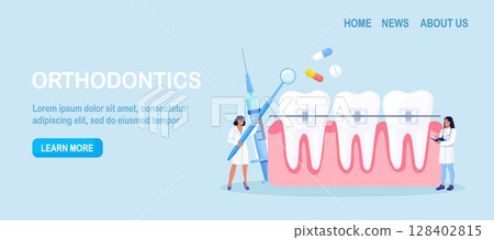 Doctors installing braces in orthodontic clinic. Dental doctor in uniform treating human teeth with braces. Prosthetics and dental care. Orthodontic treatment and cosmetic odontology. Doctors installing braces in orthodontic clinic. Dental doctor in uniform treating human teeth with braces. Prosthetics and dental care. Orthodontic treatment and cosmetic odontology. 128402815