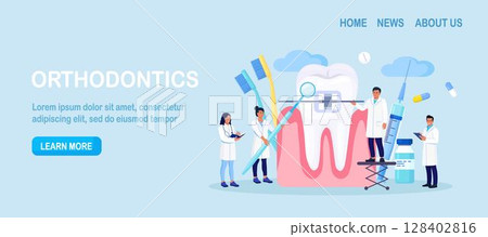Doctors installing braces in orthodontic clinic. Dental doctor in uniform treating human teeth with braces. Prosthetics and dental care. Orthodontic treatment and cosmetic odontology 128402816