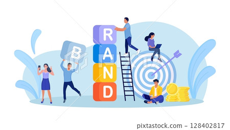 Brand Building. Businessmen Create Corporate Identity, Brand Communication. Business People Work Together and Build Tower of Colored Cubes. Marketing Promotional Campaign. Reputation management 128402817