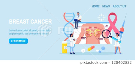 Breast cancer. Tiny doctors mammologist examine woman patient with magnifier to treat cancer. Breast ultrasound and mammography, diagnostic of oncology. Examination in the clinic, medical diagnosis 128402822