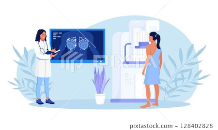 Woman patient getting breast screening test, mammography on x-ray machine. Doctor oncologist diagnose oncology, breast cancer. Mammogram Fluorography on screen. Healthcare and medical examination Woman patient getting breast screening test, mammography on x-ray machine. Doctor oncologist diagnose oncology, breast cancer. Mammogram Fluorography on screen. Healthcare and medical examination 128402828