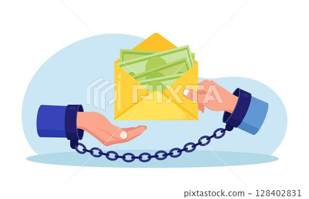 Businessmen hands in handcuffs with envelope full of money. Hidden wages, black payments, tax evasion. Anti corruption concept. Financial crimes. Man giving bribe to politician. Illegal activities 128402831