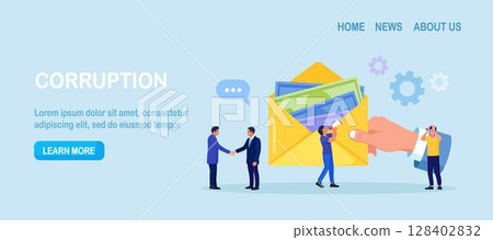 Corruption scam, bribery, illegal activities. Businessman giving bribe money in a yellow envelope to to his corrupted partner. Financial crime and bribe. People handshaking, completion of illegal deal 128402832