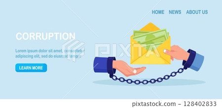 Businessmen hands in handcuffs with envelope full of money. Hidden wages, black payments, tax evasion. Anti corruption concept. Financial crimes. Man giving bribe to politician. Illegal activities Businessmen hands in handcuffs with envelope full of money. Hidden wages, black payments, tax evasion. Anti corruption concept. Financial crimes. Man giving bribe to politician. Illegal activities 128402833